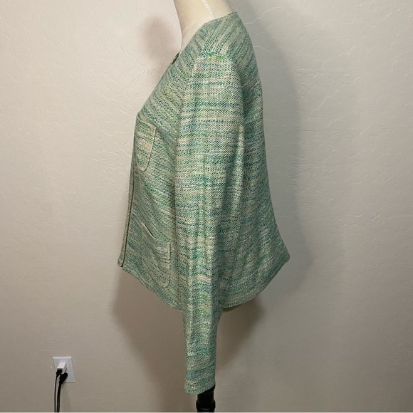 J. Jill Green Tweed Long Sleeve Stretch Linen Blend Zip Up Blazer Jacket Size L - Picture 4 of 10